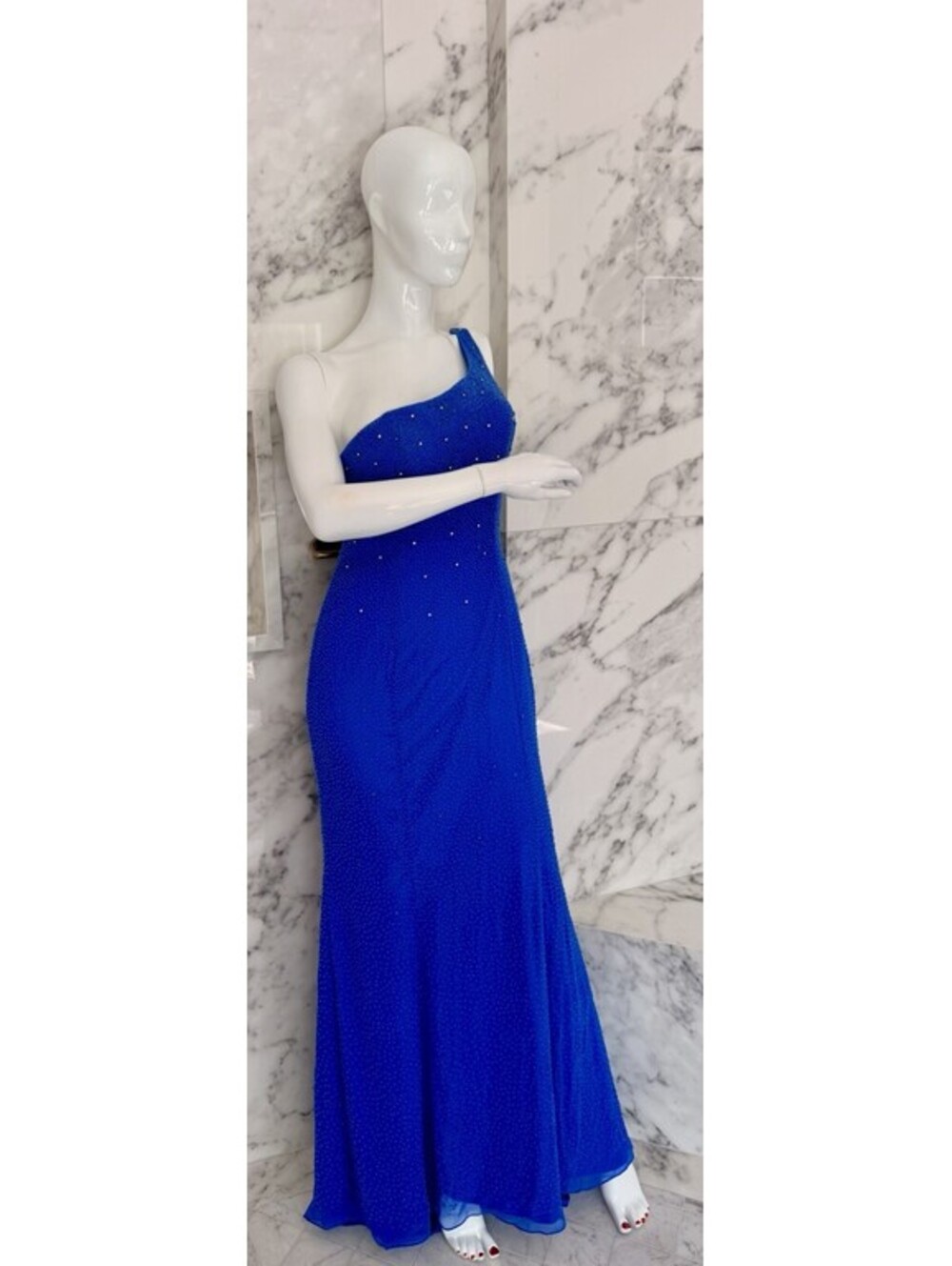 Vintage Alyce Designs Size 8 Blue Silk Beaded Rhinestone One Shoulder Prom Gown